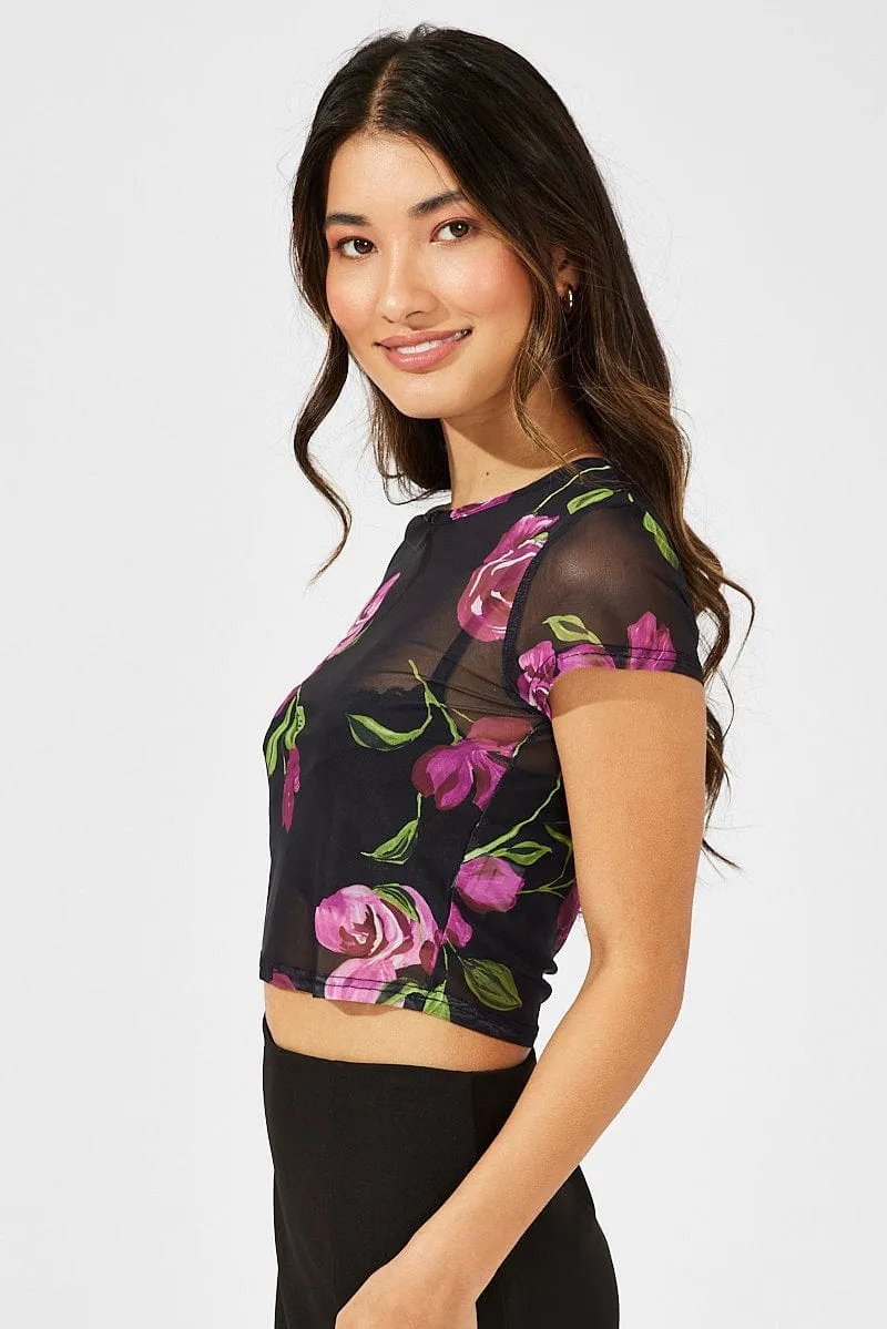 Black Floral Top Crop Short Sleeve sold by Ally Fashion product image thumbnail 4