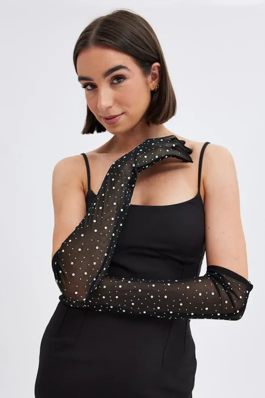 Black Rhinestones Mesh Gloves sold by Ally Fashion