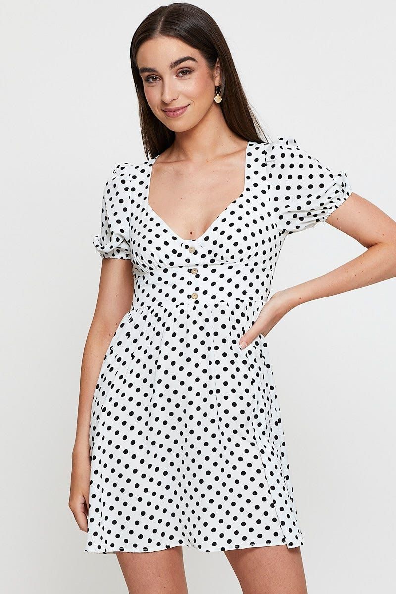Polka Dot Mini Dress Short Sleeve Sweetheart Neckline sold by Ally Fashion