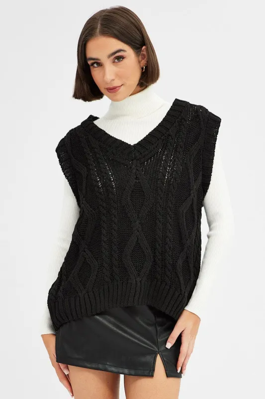 Black Knit Top Sleeveless Oversized Cable sold by Ally Fashion