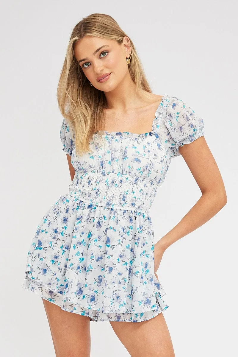 White Ditsy Playsuit Short Sleeve Shirred Waist sold by Ally Fashion product image thumbnail 3