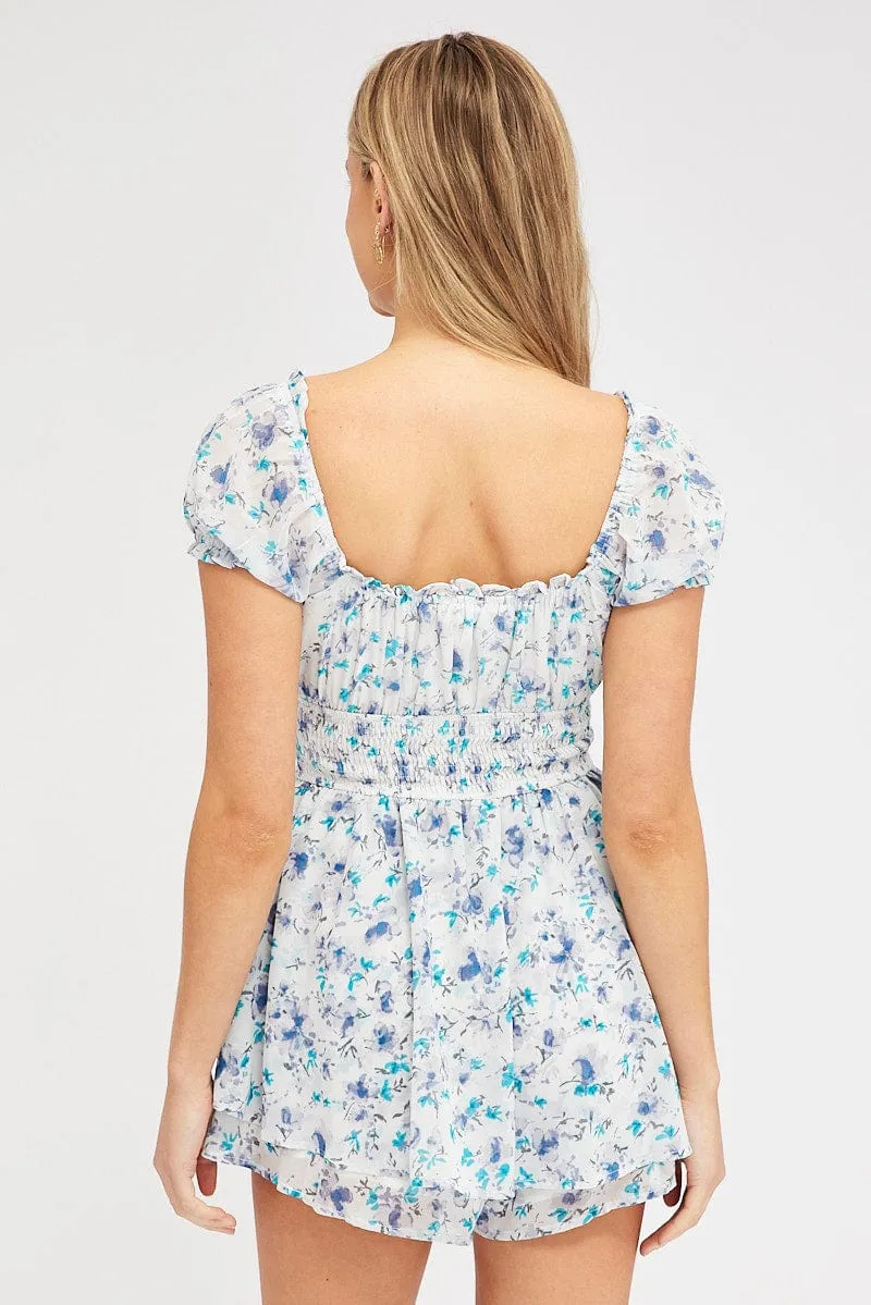 White Ditsy Playsuit Short Sleeve Shirred Waist sold by Ally Fashion product image thumbnail 5