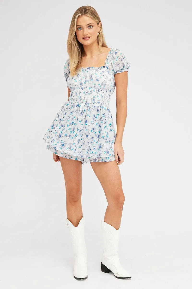 White Ditsy Playsuit Short Sleeve Shirred Waist sold by Ally Fashion product image thumbnail 2
