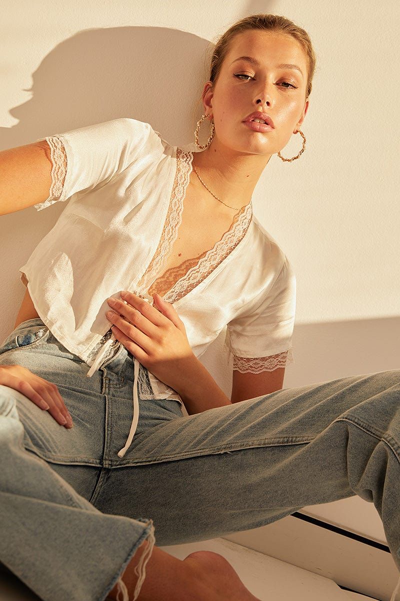 White Satin Top Short Sleeve sold by Ally Fashion