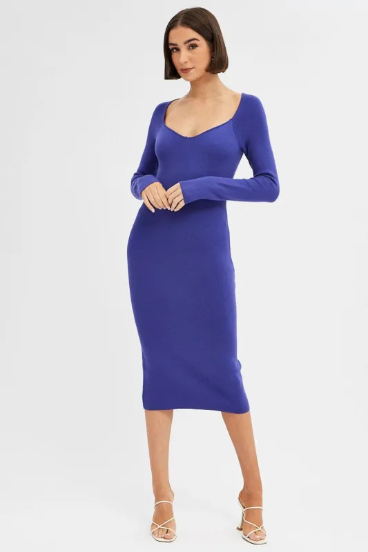 Purple Midi Dress Long Sleeve Sweetheart Neckline Knit sold by Ally Fashion