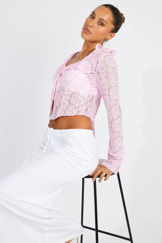 Pink Lace Tie Up Top Long Sleeve sold by Ally Fashion
