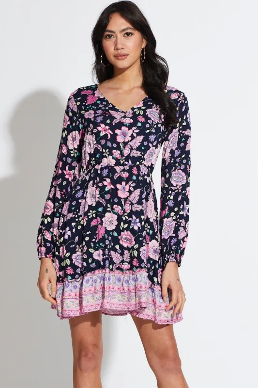 Boho Print Mini Dress Long Sleeve V Neck sold by Ally Fashion