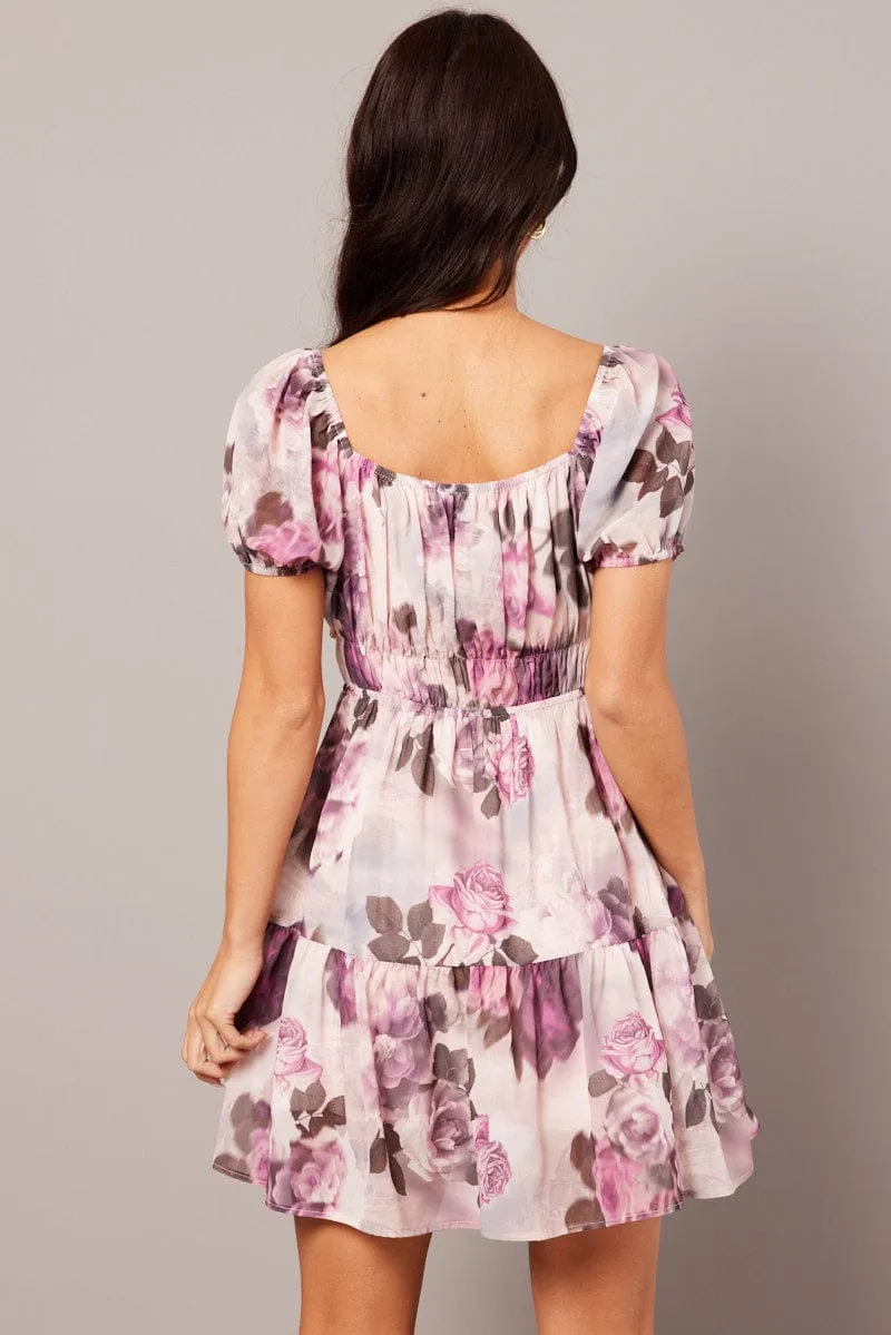 Pink Floral Fit And Flare Dress Puff Sleeve Mini sold by Ally Fashion product image thumbnail 5