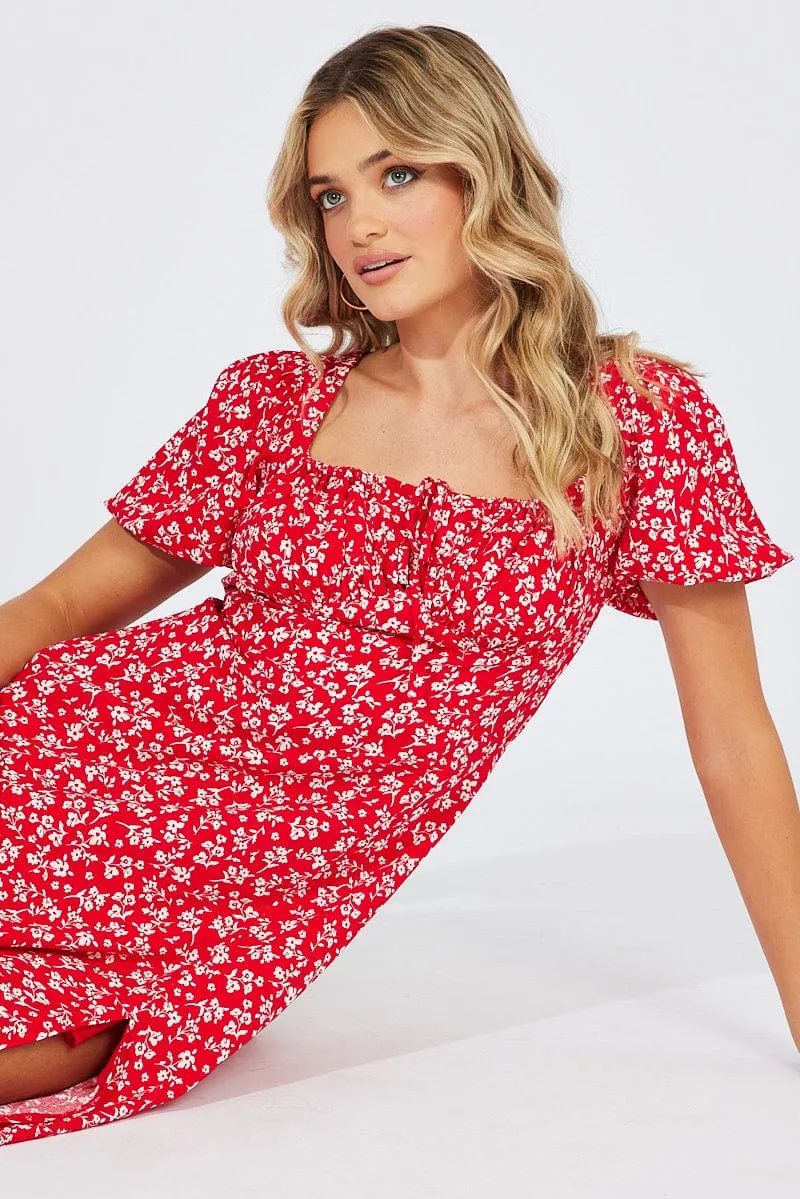 Red Ditsy Midi Dress Short Sleeve Ruched Bust sold by Ally Fashion