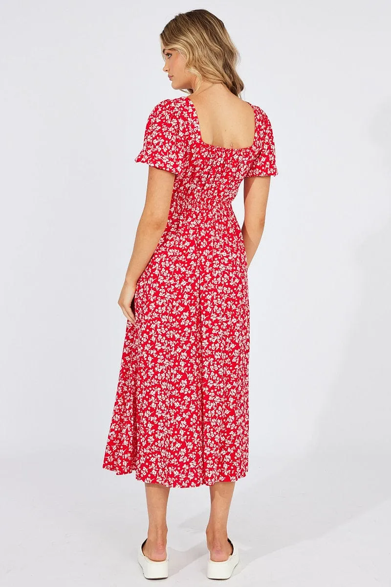 Red Ditsy Midi Dress Short Sleeve Ruched Bust sold by Ally Fashion product image thumbnail 5