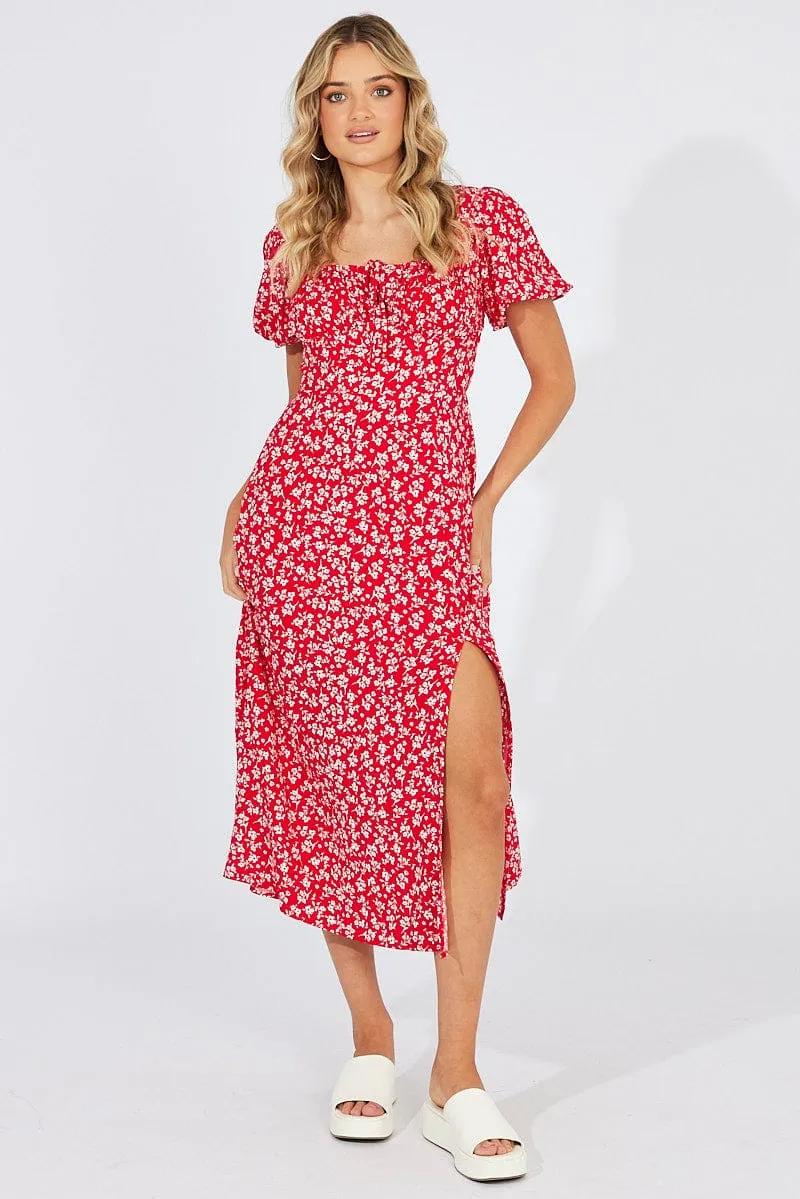 Red Ditsy Midi Dress Short Sleeve Ruched Bust sold by Ally Fashion product image thumbnail 2