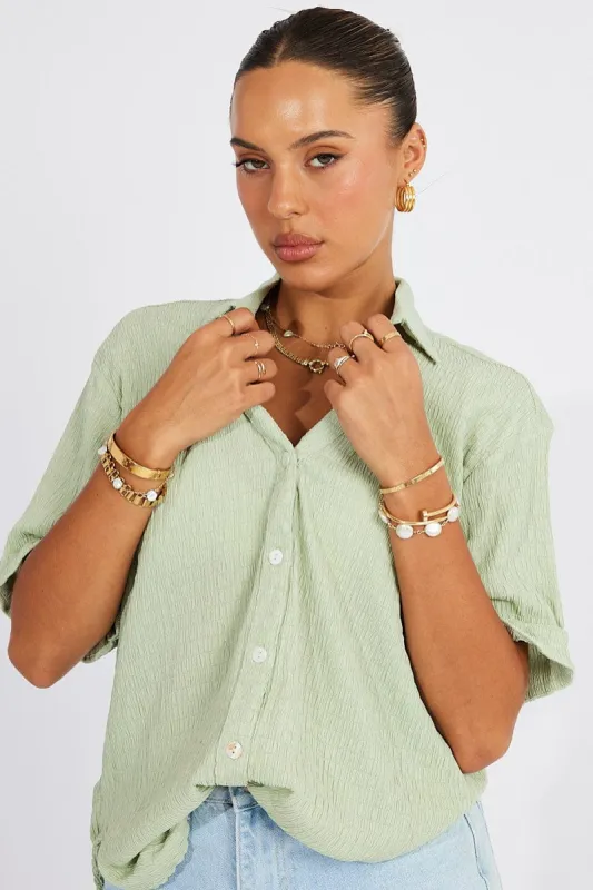 Green Textured Shirt Short Sleeve sold by Ally Fashion