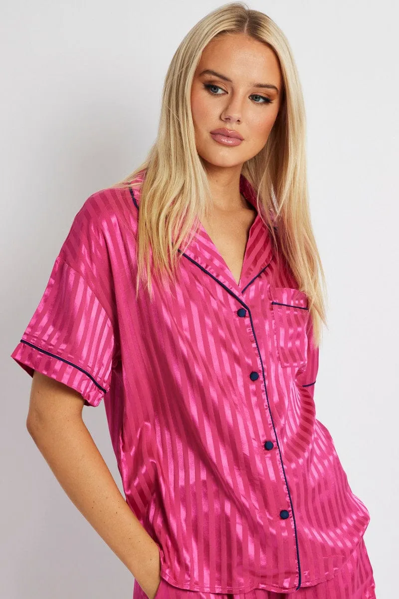 Pink Stripe Pyjama Set Stripe Satin Jacquard Navy Piping PJ sold by Ally Fashion product image thumbnail 3