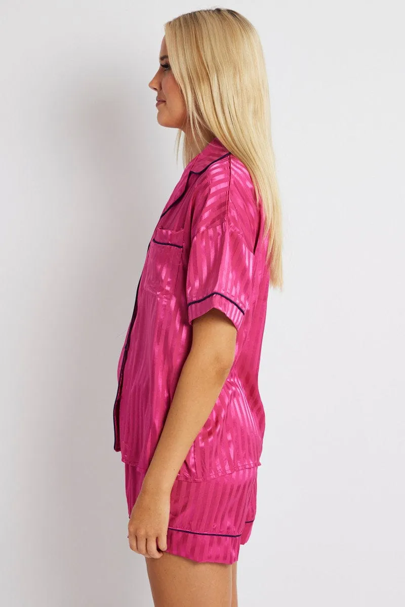 Pink Stripe Pyjama Set Stripe Satin Jacquard Navy Piping PJ sold by Ally Fashion product image thumbnail 4