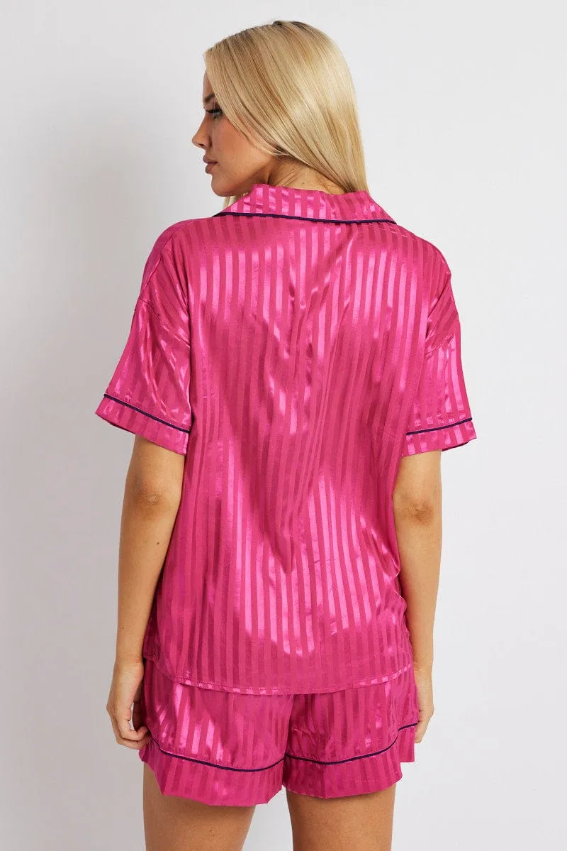 Pink Stripe Pyjama Set Stripe Satin Jacquard Navy Piping PJ sold by Ally Fashion product image thumbnail 5