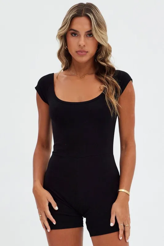 Black Romper Scoop Neck Cap Sleeve Cotton Playsuit sold by Ally Fashion