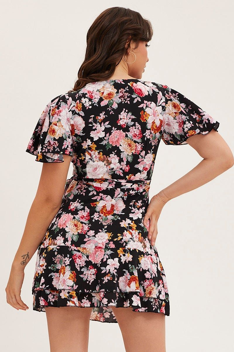 Black Floral Wrap Mini Dress sold by Ally Fashion product image thumbnail 5
