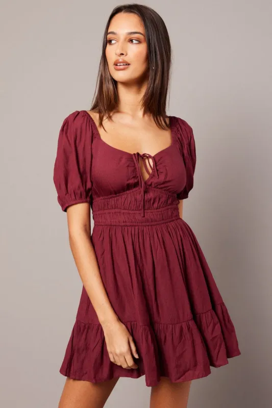 Red Fit And Flare Dress Puff Sleeve Mini sold by Ally Fashion