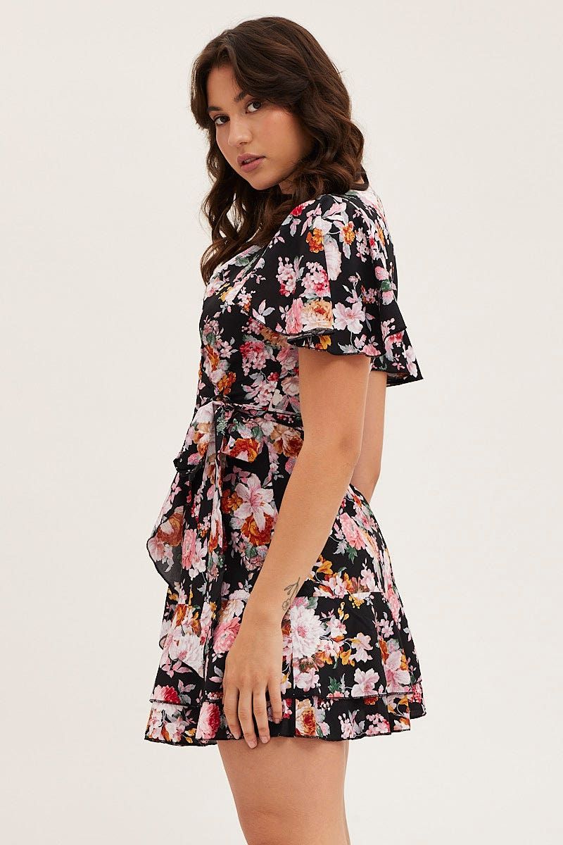 Black Floral Wrap Mini Dress sold by Ally Fashion product image thumbnail 4