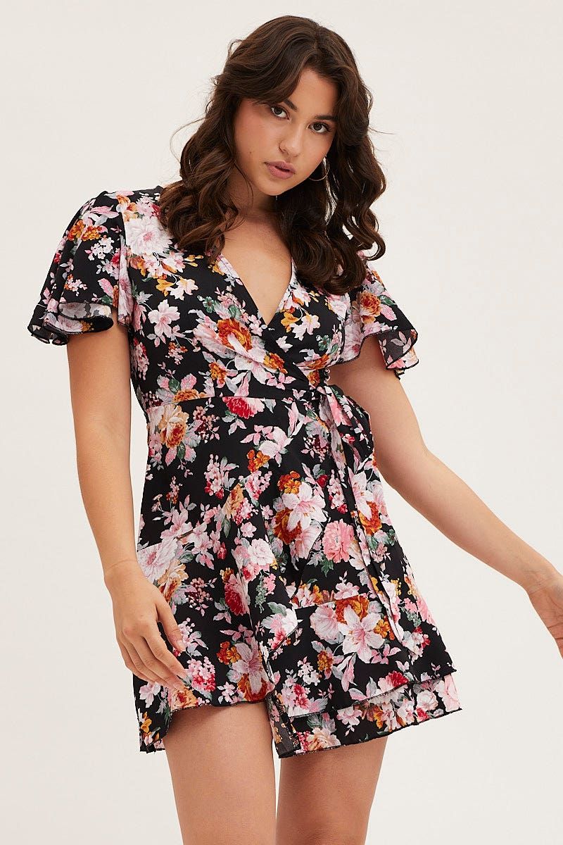 Black Floral Wrap Mini Dress sold by Ally Fashion product image thumbnail 3