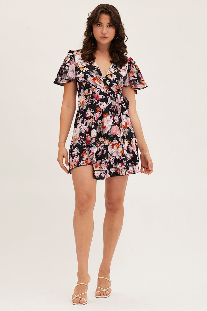 Black Floral Wrap Mini Dress sold by Ally Fashion product image thumbnail 2