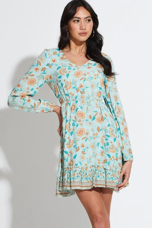 Boho Print Mini Dress Long Sleeve V Neck sold by Ally Fashion