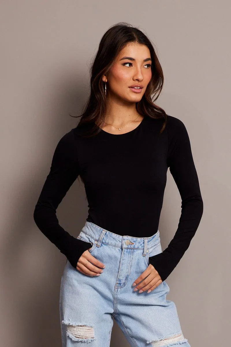 Black Bodysuit Long Sleeve Crew Neck Seamless sold by Ally Fashion