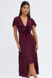 Purple Midi Dress Short Sleeve Tie Back Satin sold by Ally Fashion