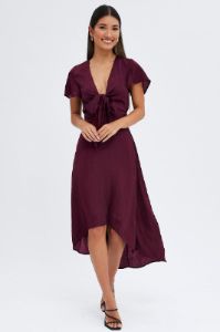 Purple Midi Dress Short Sleeve Tie Back Satin sold by Ally Fashion