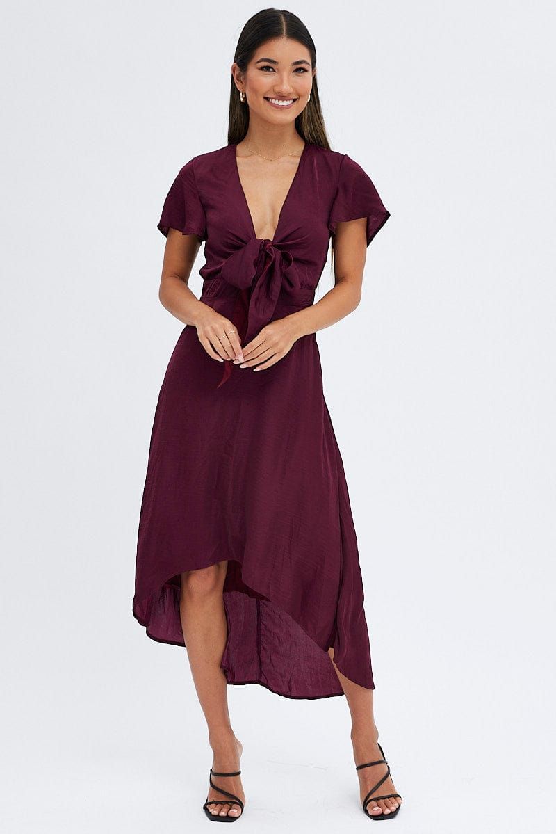 Purple Midi Dress Short Sleeve Tie Back Satin sold by Ally Fashion