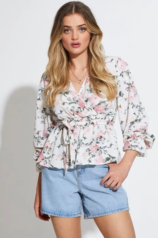 Geo Print Wrap Top Long Sleeve sold by Ally Fashion