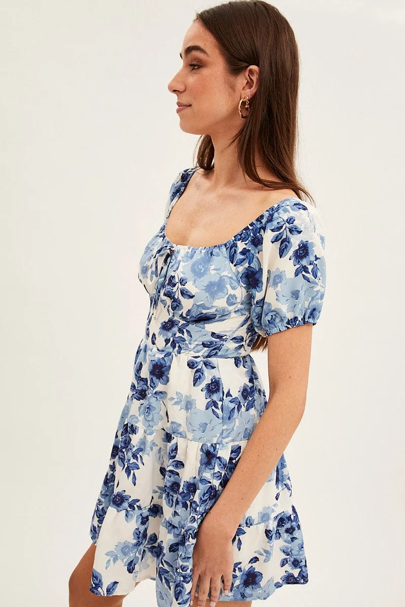 Blue Floral Fit And Flare Dress Short Sleeve Round Neck sold by Ally Fashion product image thumbnail 4