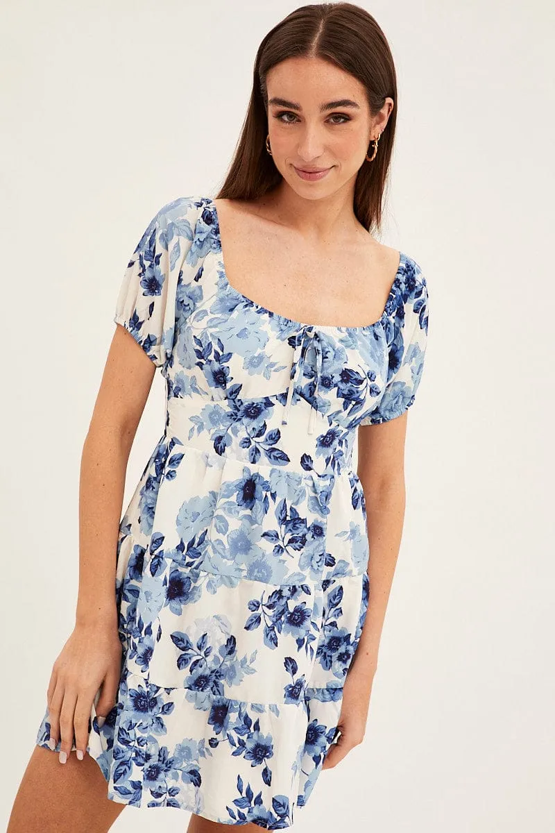 Blue Floral Fit And Flare Dress Short Sleeve Round Neck sold by Ally Fashion