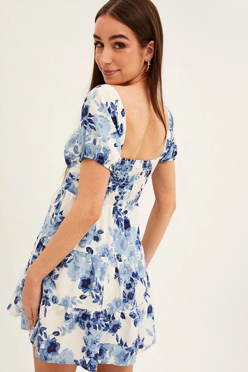 Blue Floral Fit And Flare Dress Short Sleeve Round Neck sold by Ally Fashion product image thumbnail 5