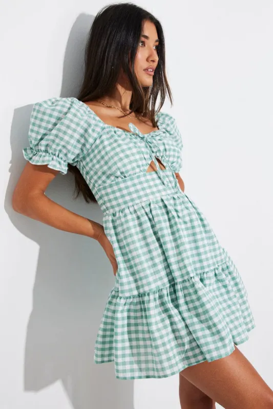 Green Check Fit and Flare Dress Short Sleeve Tiered Cut Out sold by Ally Fashion