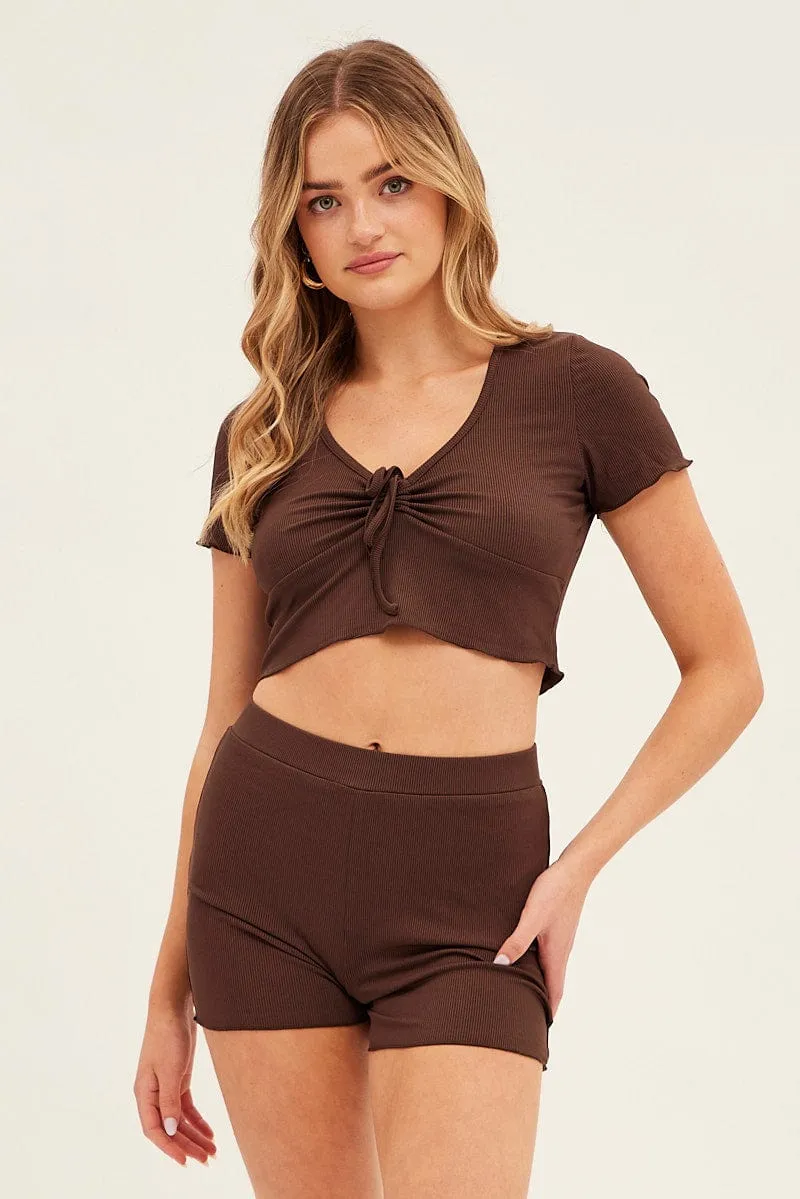 Brown Ruched Crop Top Loungewear Set sold by Ally Fashion product image thumbnail 3