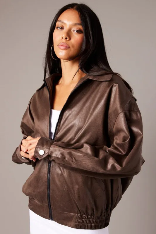 Brown Jacket Zip Long Sleeve sold by Ally Fashion