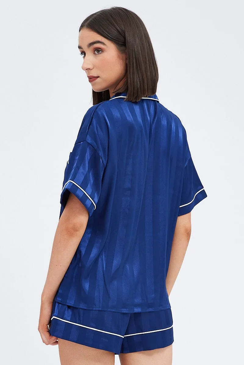 Blue Stripe Satin Pj Jacquard Stripe Piping Pyjama Set sold by Ally Fashion product image thumbnail 5