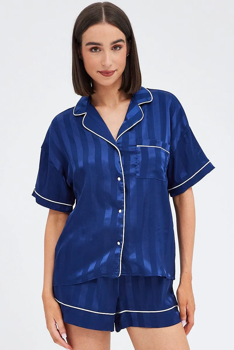 Blue Stripe Satin Pj Jacquard Stripe Piping Pyjama Set sold by Ally Fashion product image thumbnail 3