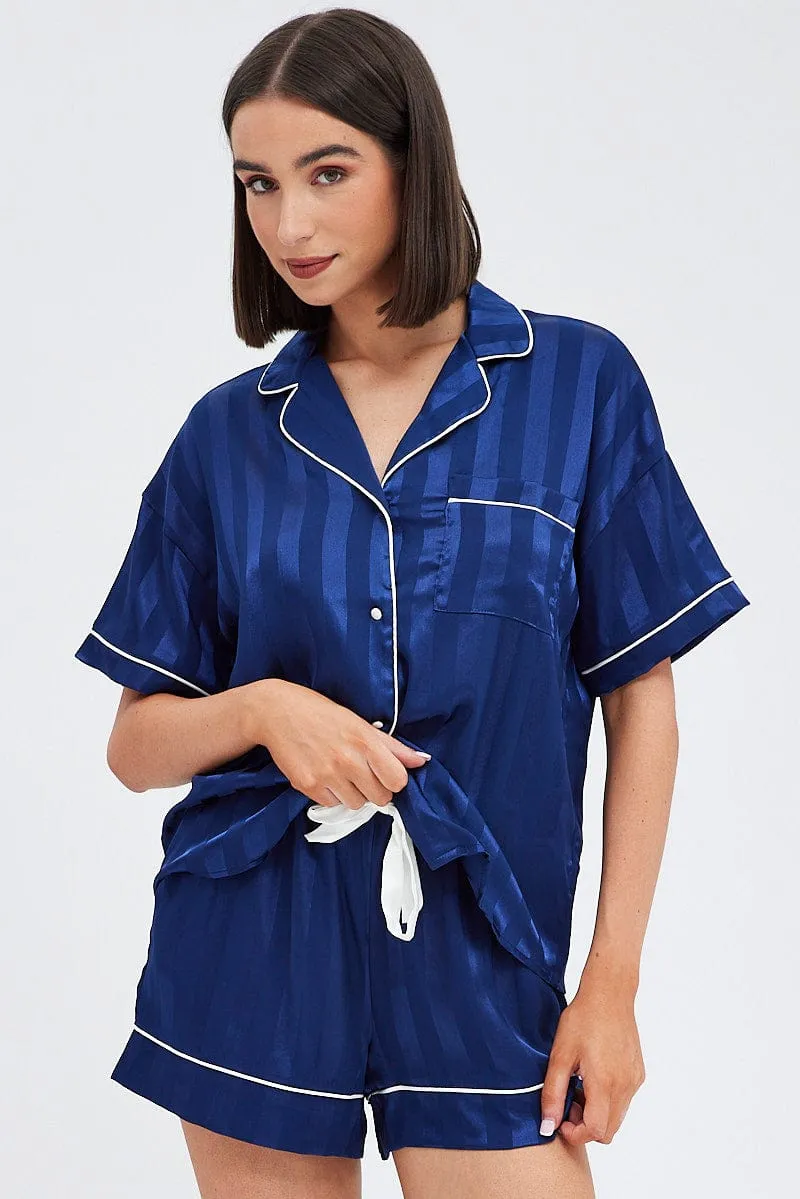 Blue Stripe Satin Pj Jacquard Stripe Piping Pyjama Set sold by Ally Fashion