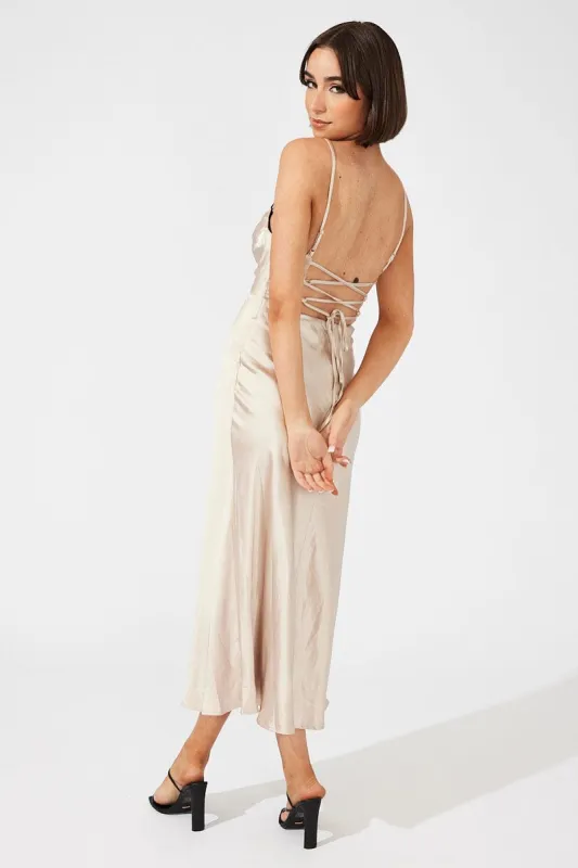 Beige Midi Dress Sleeveless Cowl Neck Satin Slip Lace sold by Ally Fashion