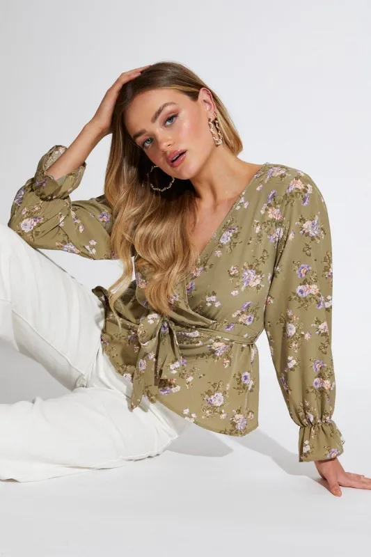 Print Wrap Top Long Sleeve sold by Ally Fashion