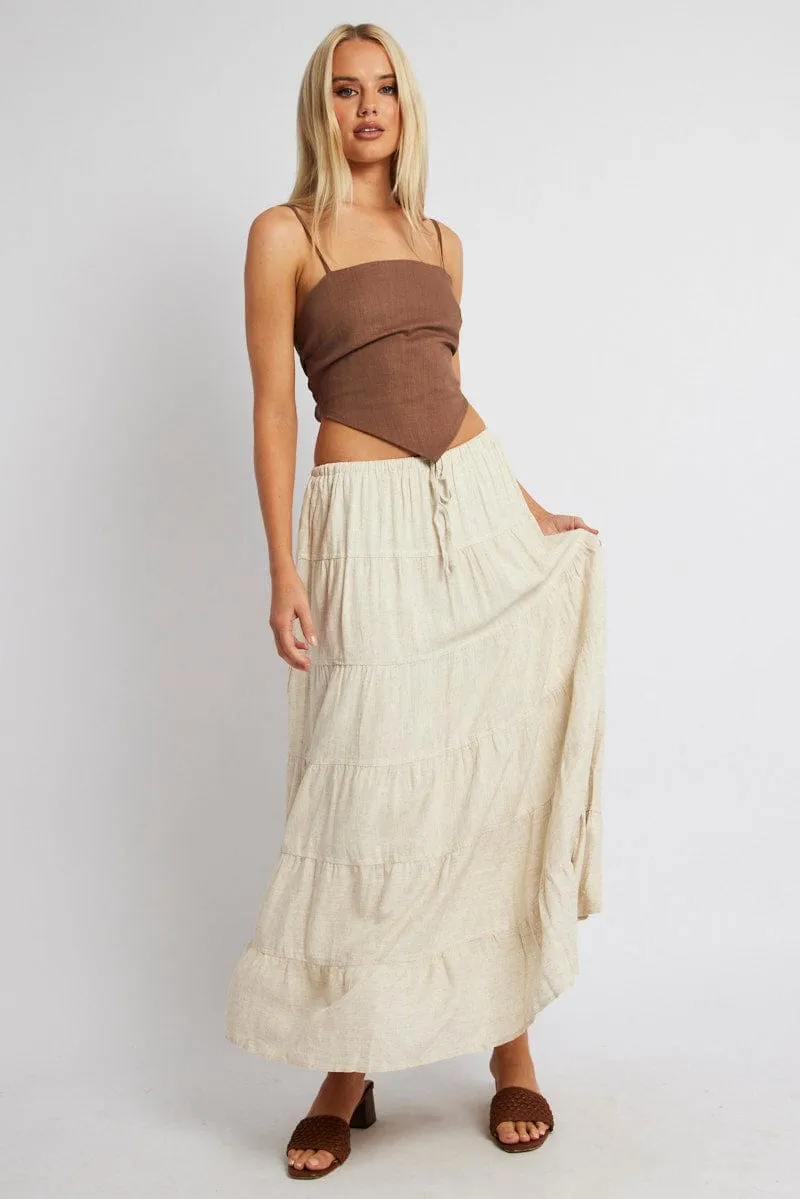 Beige Maxi Skirt Tiered High Rise Linen Blend sold by Ally Fashion
