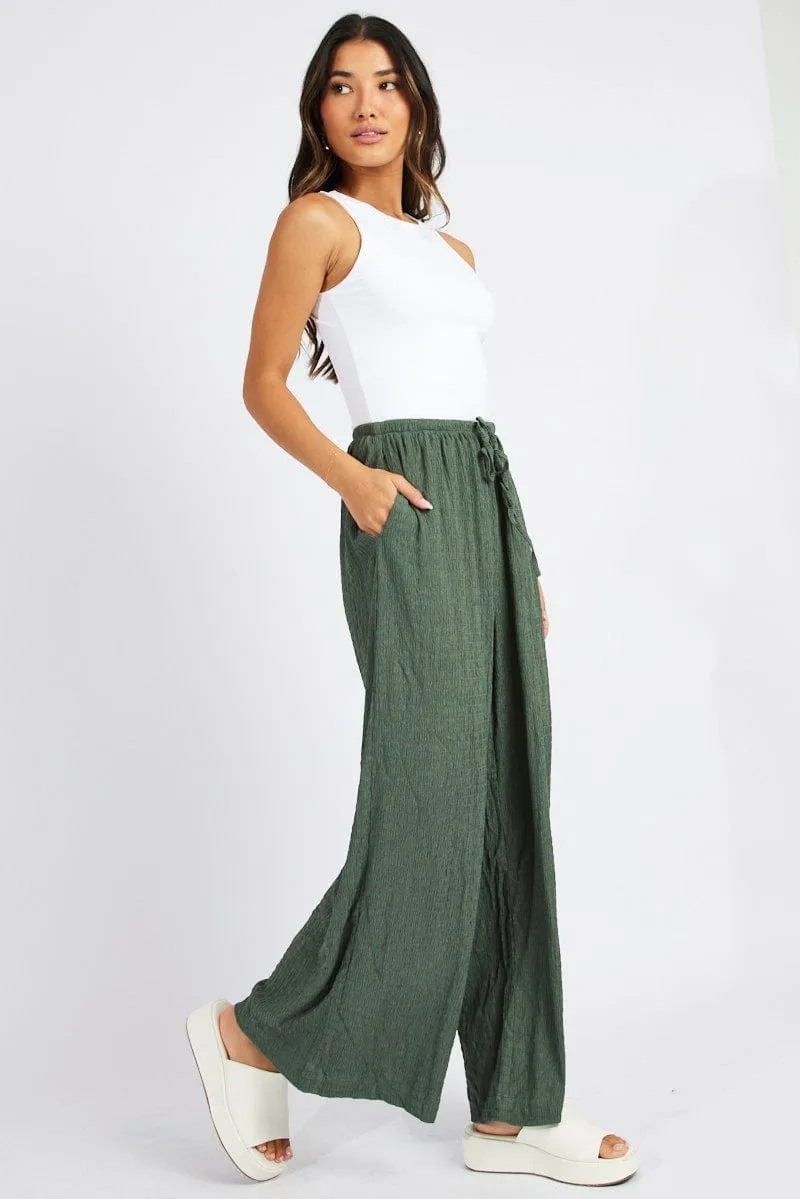 Green Wide Leg Pants High Rise Textured Fabric sold by Ally Fashion