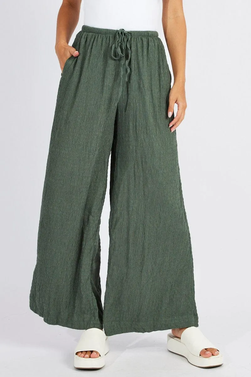 Green Wide Leg Pants High Rise Textured Fabric sold by Ally Fashion product image thumbnail 3