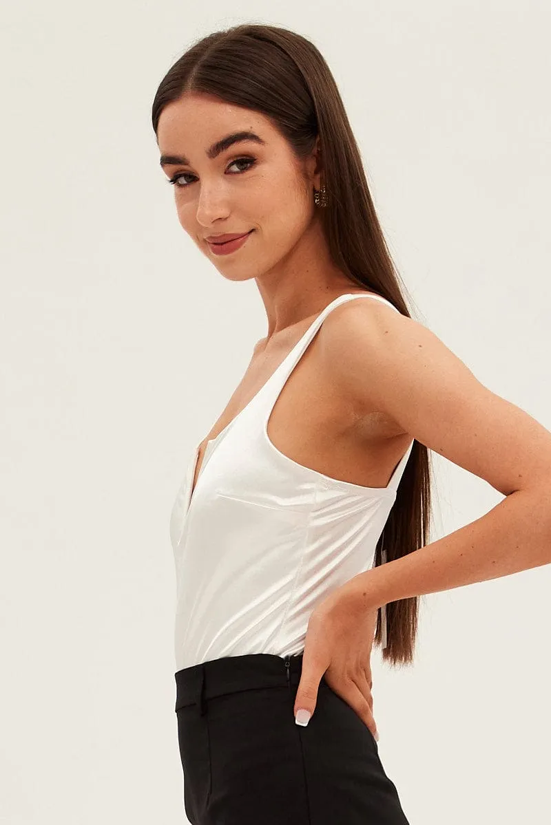 White V Front Bodysuit Sleeveless Notched Neck Satin sold by Ally Fashion product image thumbnail 4