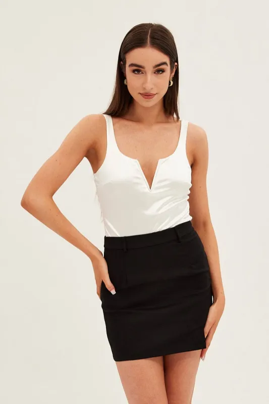 White V Front Bodysuit Sleeveless Notched Neck Satin sold by Ally Fashion