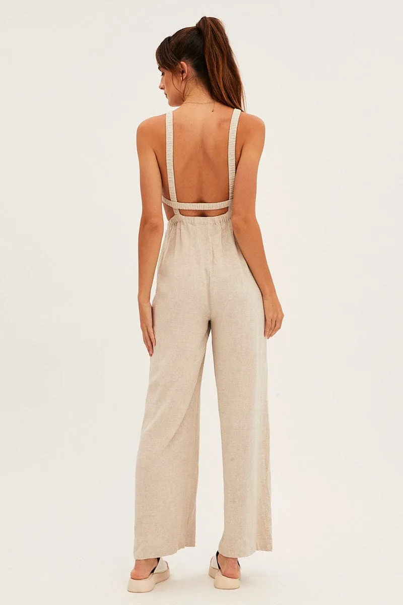 Beige Sleeveless Jumpsuit Wide Leg Viscose Linen sold by Ally Fashion product image thumbnail 5