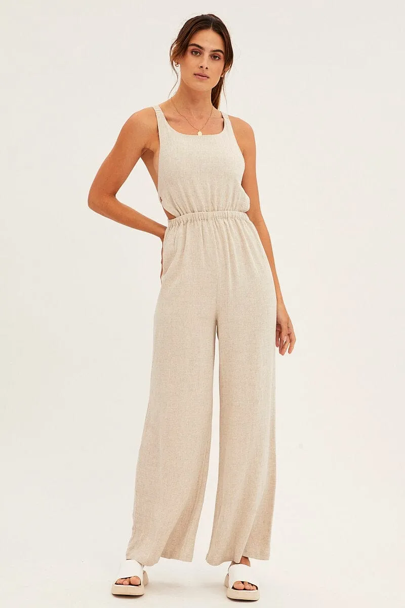 Beige Sleeveless Jumpsuit Wide Leg Viscose Linen sold by Ally Fashion product image thumbnail 2