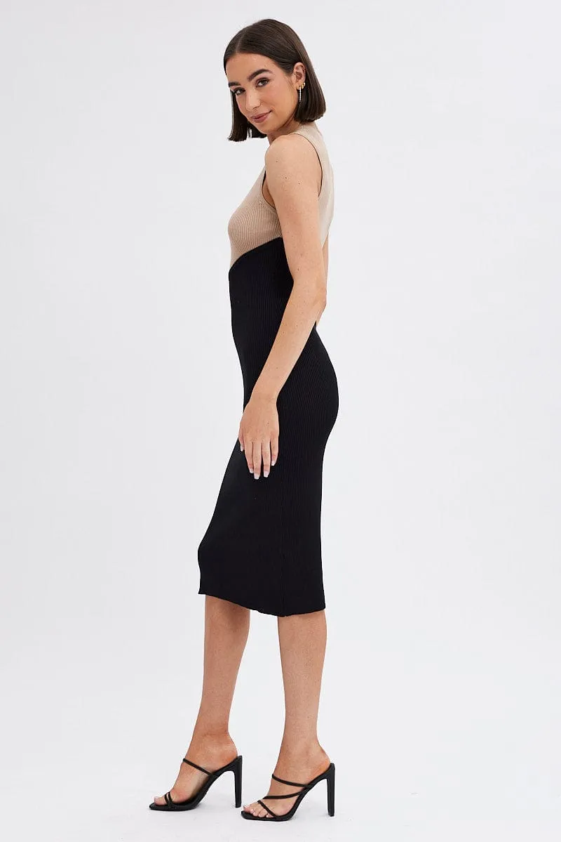 Black Midi Dress Round Neck Colour Blocked Knit sold by Ally Fashion product image thumbnail 4